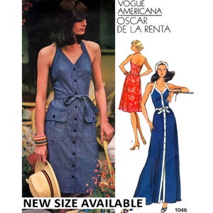May include: A vintage sewing pattern for a halter dress with a button-down front and a tie waist. The pattern is from Vogue Americana Oscar de la Renta and has the number 1046.