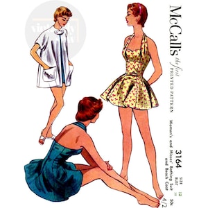 May include: Vintage McCall's sewing pattern for a women's bathing suit and beach coat. The pattern is for sizes 12, 30, and 50. The pattern is printed on paper and features illustrations of three women wearing the different styles.