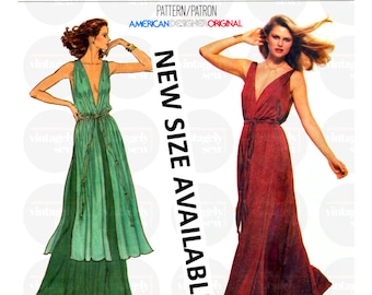 Deep V-Neck, Grecian Goddess Evening Dress with Tie Knot Belt, Various Sizes, V1774, Vintage Sewing Pattern Reproduction