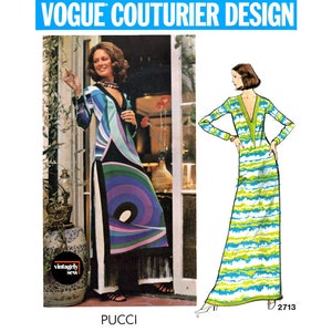 May include: A vintage Vogue Couturier Design pattern for a maxi dress by Pucci. The pattern features a long, flowing dress with a V-neckline and a geometric print. The pattern number is 2713.