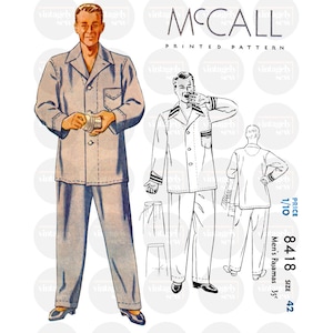May include: Vintage McCall printed pattern for men's pajamas. The illustration shows a man in a light gray pajama set, and line drawings of the pajama set. The text on the pattern reads "McCall Printed Pattern" and "8418".