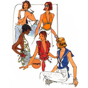 70s Halter Top with Plunging V-Neckline in Three Styles, Bust 31.5" (80 cm) B4292, Vintage Sewing Pattern Reproduction