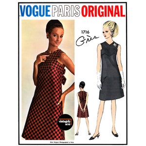 Peut inclure: Patron de couture vintage Vogue Paris Original. L'image présente une femme portant une robe à carreaux rouges et noirs. Le patron comprend des illustrations de la robe et le texte "Vogue Paris Original" et "1716". La robe a un détail de nœud.