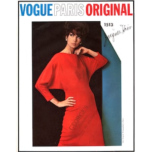 May include: A vintage fashion illustration from Vogue Paris Original. The image shows a woman in a vibrant red dress with long sleeves. The text "VOGUE PARIS ORIGINAL" is at the top, with the designer's name and the number 1513.