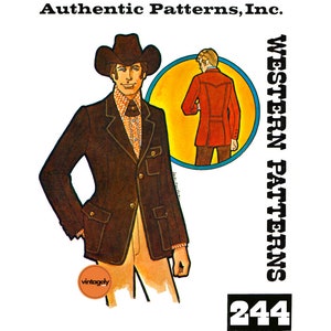 May include: Vintage sewing pattern for a Western-style jacket. The pattern is from Authentic Patterns, Inc. and is number 244.