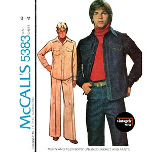 May include: A vintage McCall's sewing pattern for a men's or teen boy's unlined jacket and pants. The pattern number is 5383 and the size is 42 chest.