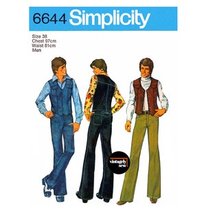 May include: A Simplicity sewing pattern for men's clothing, pattern number 6644. The pattern includes three different styles of vests and pants. The model is wearing a blue vest with a blue shirt, a black vest with a floral shirt, and a brown vest with a white turtleneck.