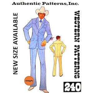 70s Men's Tailored Western Suit, Chest 40 (102 cm) or 44 (112 cm), Authentic Patterns 240, Vintage Sewing Pattern Reproduction