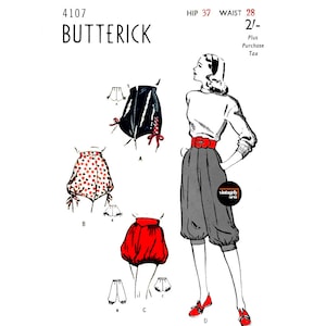 May include: A vintage sewing pattern for women's shorts. The pattern is for a pair of high-waisted shorts with a gathered, balloon-like shape. The pattern is from Butterick and is number 4107. The pattern is for a hip size of 37 inches and a waist size of 28 inches. The price is $2.00 plus tax.
