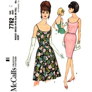 60s Elegant Evening, Party, or Cocktail Dress with Slim or Full Skirt, Bust 36 Waist 28 Hip 38, McCall&#39;s 7762 Sewing Pattern Reproduction