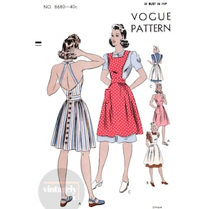 May include: A vintage Vogue sewing pattern for a dress with a halter neckline and a skirt with a striped pattern. The pattern is for size 14, with a 32 inch bust and 36 inch hip. The pattern is illustrated with four different women wearing the dress in various styles.