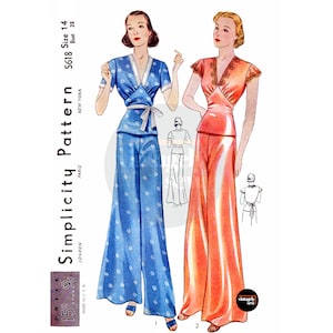 30s Two Piece Luxury Pajama Set: Top and Pants, Bust 32, Simplicity S618, Vintage Sewing Pattern Reproduction