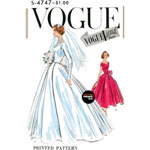 50s Classic Bride or Bridesmaid&#39;s Dress with Long or Short Sleeves, Bust 32 or 36, Vogue Special Design S-4747 Sewing Pattern Reproduction