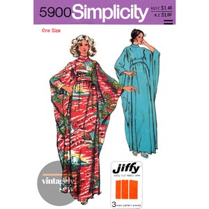 May include: Simplicity sewing pattern number 5900, featuring two women wearing long, flowing gowns. One gown is red with a floral print, and the other is blue. The pattern is labelled "Jiffy" and includes three main pattern pieces.