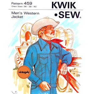 May include: A vintage sewing pattern for a Western-style jacket. The pattern is for chest sizes 36-38-40. The pattern is illustrated with a man wearing the jacket, a cowboy hat, and a bandana. The pattern is from Kwik-Sew.