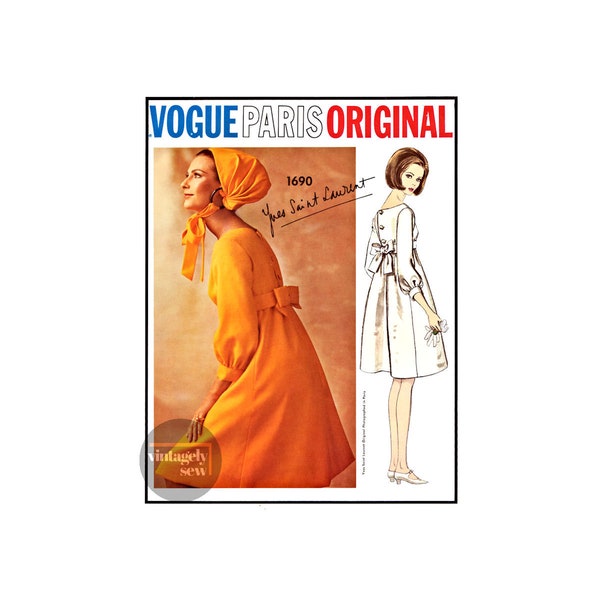 60s High Waist Dress with Flared Skirt, Bust 32" (81 cm) Vogue Paris Original 1690 Vintage Sewing Pattern Reproduction