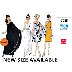 May include: A vintage Vogue sewing pattern for a dress, featuring four different styles. The pattern number is 7528 and the text "New Sizing" is also included.