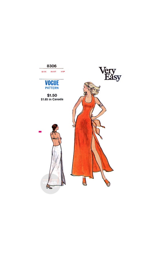 70s Sexy Side Cutout U-neck Halter Dress With High Thigh Split, Bust 32.5  83 Cm or 34 87 Cm Vogue 8306, Sewing Pattern Reproduction 