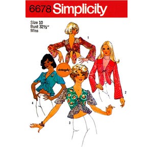 May include: Vintage Simplicity sewing pattern 6678. The red banner at the top reads "6678 Simplicity". The pattern features four illustrations of tie-front blouses with different patterns and sleeve styles. The bust size is 32 1/2 inches.