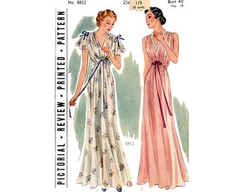 30s Sleeveless or Short Sleeve Nightgown with V-Neckline and Shirred Shoulders, Bust 42, Pictorial Review 8852 Sewing Pattern Reproduction