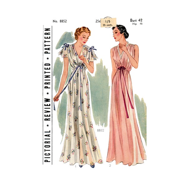 30s Sleeveless or Short Sleeve Nightgown with V-Neckline and Shirred Shoulders, Bust 42, Pictorial Review 8852 Sewing Pattern Reproduction