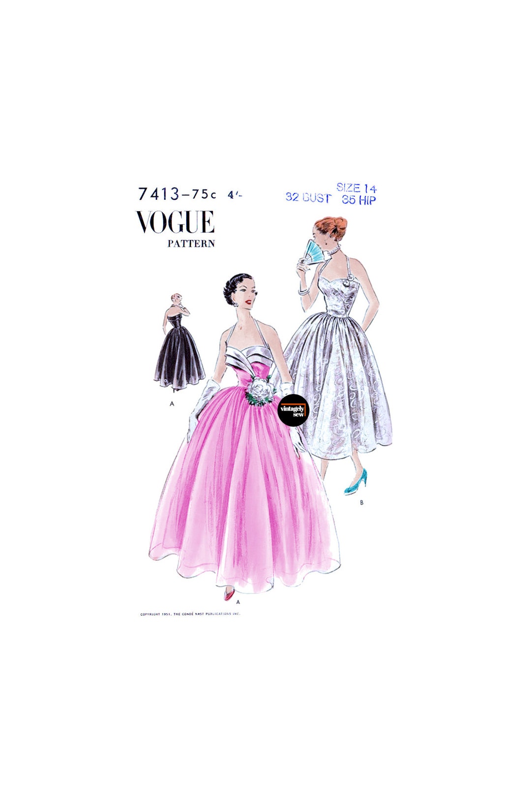 50s Six Gore Skirt Evening Halter Dress in Two Lengths, Bust 32, Hip 35 ...