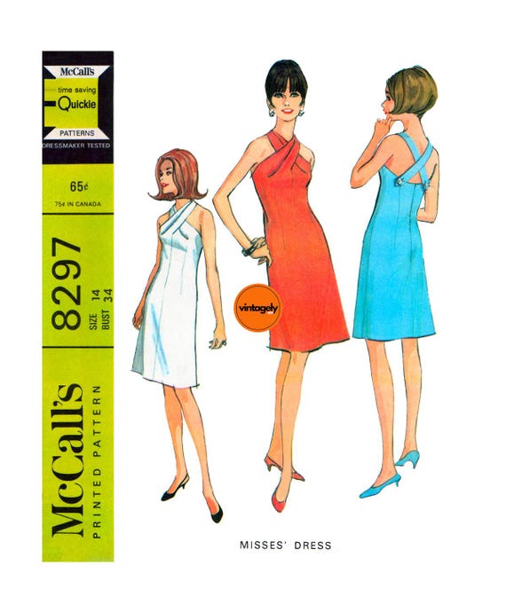 60s Pleated Halter Dress with Criss-Crossed Back Straps, Bust 34 (87 cm),  McCall's 8297, Vintage Sewing Pattern Reproduction