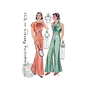30s Two-Piece Sleeping or Beach Pyjamas, Bust 34" (87 cm) Hip 37" (94 cm), Simplicity 1971, Vintage Sewing Pattern Reproduction