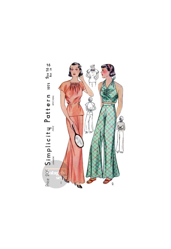 30s Two-piece Sleeping or Beach Pyjamas, Bust 34 87 Cm Hip 37 94 Cm,  Simplicity 1971, Vintage Sewing Pattern Reproduction 