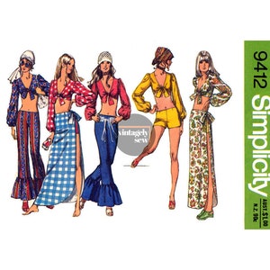70s Music Festival Hip Hugger Pants, Shorts, Tops & Wrap Skirt, Bust 32.5 (83 cm) or 34 (87 cm), Simplicity 9412 Sewing Pattern Reproduction