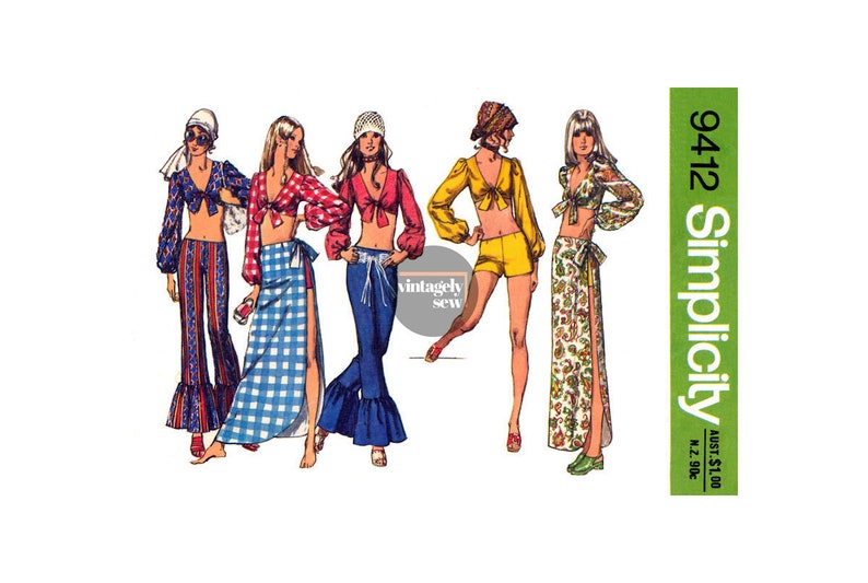 70s Music Festival Hip Hugger Pants, Shorts, Tops & Wrap Skirt, Bust 32.5 83 cm or 34 87 cm, Simplicity 9412 Sewing Pattern Reproduction image 1