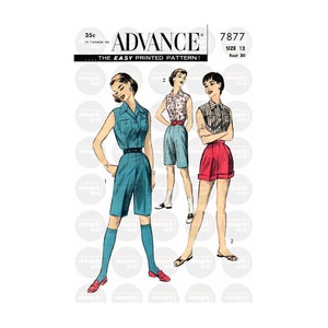 May include: A vintage sewing pattern for a sleeveless top and shorts. The pattern is for size 12 with a bust measurement of 30 inches. The pattern is illustrated with three women wearing different versions of the outfit. One woman is wearing a blue top and shorts, another is wearing a pink and white patterned top and blue shorts, and the third is wearing a striped top and red shorts.