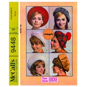May include: A vintage McCall's sewing pattern for four berets. The pattern is for one size and includes instructions for making a red, white, plaid, and brown beret. The pattern is labelled "9448" and "Time Saver QUICKIE".