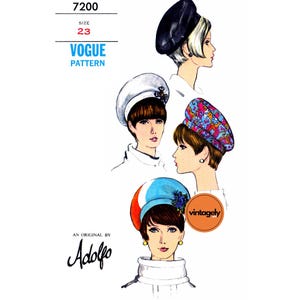 May include: A vintage Vogue sewing pattern for three different hats. The hats are a black beret, a white sailor hat, and a colourful patterned beret. The pattern number is 7200, size 23, and is an original by Adolfo.