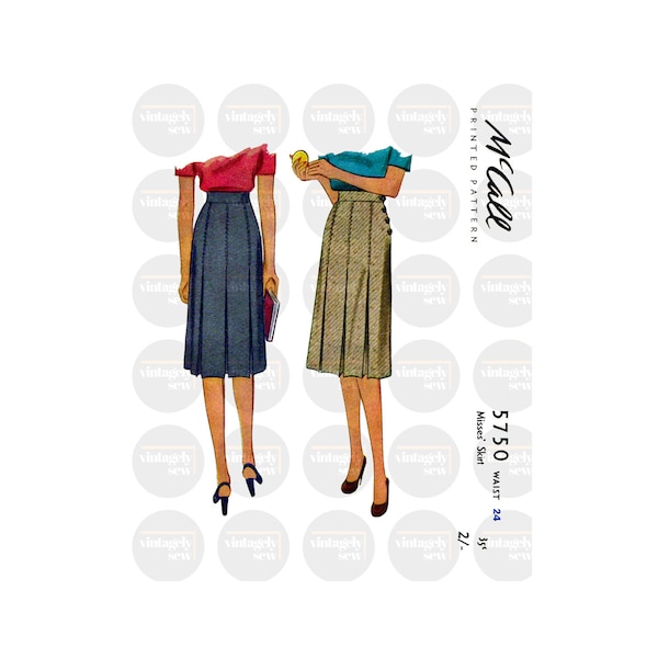 40s War Era Box Pleated Skirt with Side Opening, Waist 24" (61 cm), McCall 5750, Vintage Sewing Pattern Reproduction