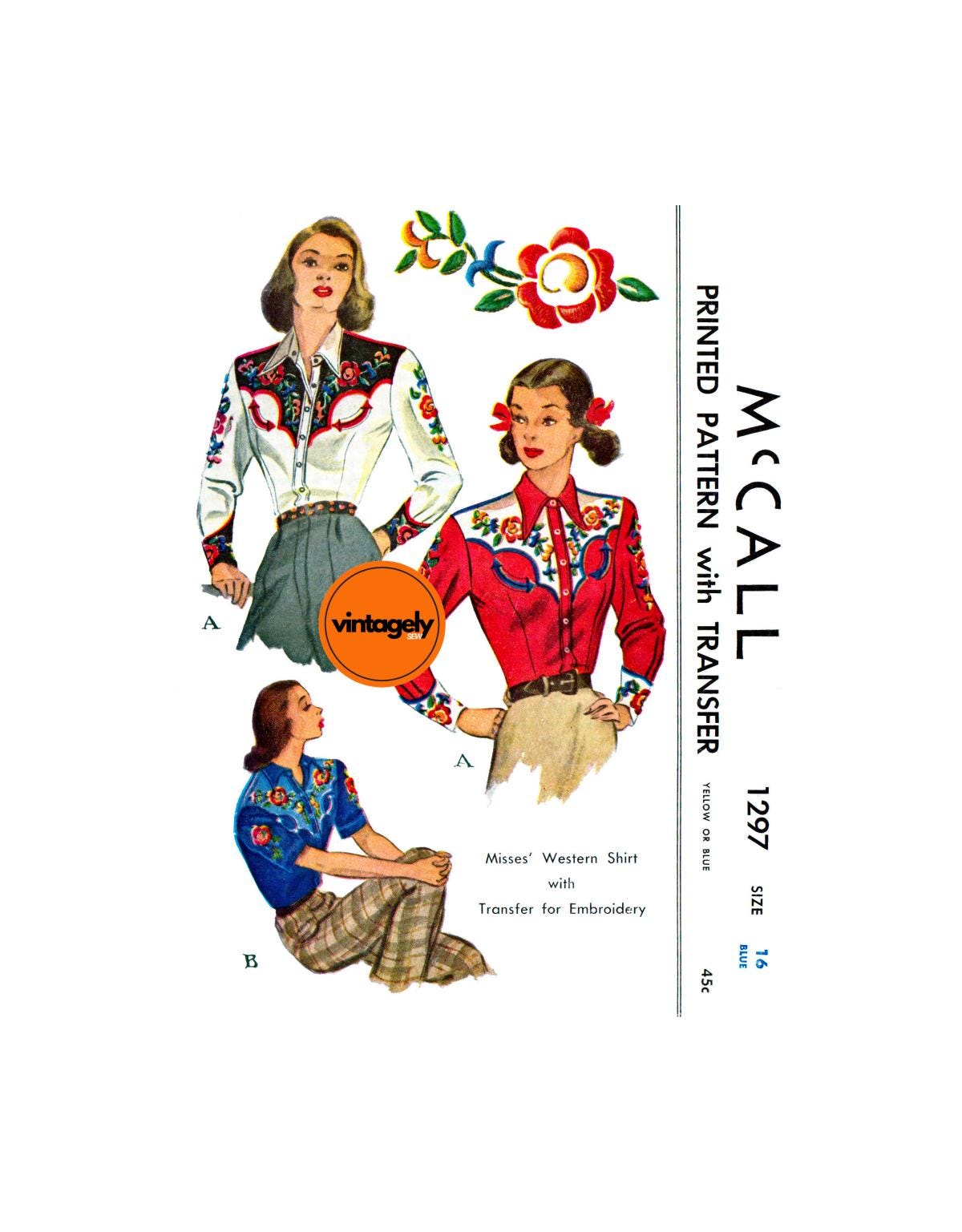 Style Falcon Patterns 40s Women's Western Shirt, Bust 34 (87 Cm), Mccall's 1297, Vintage ...