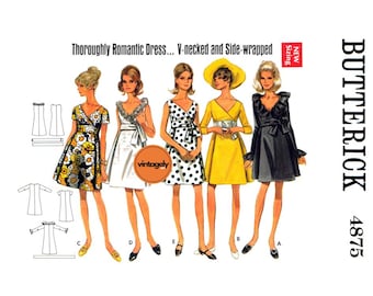 60s A-line, V-Neck Wrap Dress with or without Sleeves, Various Sizes, Butterick 4875, Vintage Sewing Pattern Reproduction