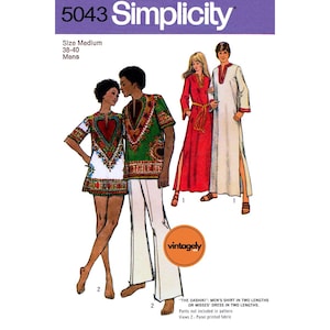 May include: Simplicity sewing pattern number 5043 for a men's shirt or a women's dress. The pattern includes two lengths for each garment. The pattern is for size medium, 38-40. The image shows a couple wearing the garments in a vintage style.
