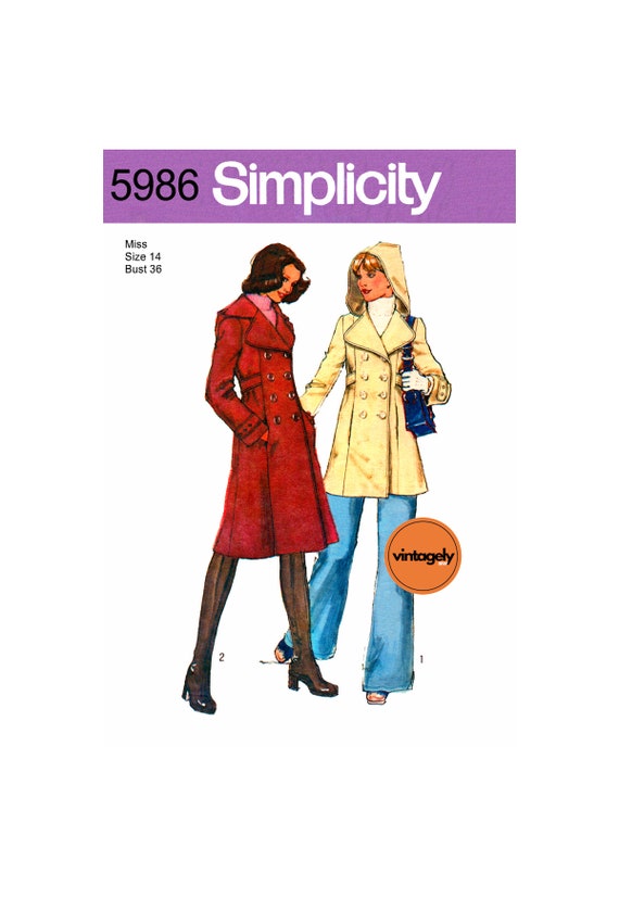 70s Women's Hooded, Double-Breasted Winter Coat in Two Lengths, Bust 36 (92 cm), Simplicity 5986, Vintage Sewing Pattern Reproduction