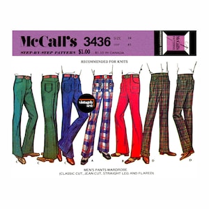 May include: McCall's 3436 sewing pattern for trousers in size 34, hip 41. The illustration shows seven variations of trousers including solid green, blue, and red colours, as well as plaid patterns with straight leg and flared cuts for knits.