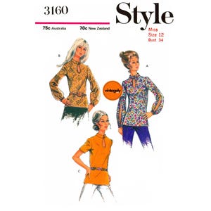 May include: Vintage sewing pattern featuring three blouse designs. The image includes illustrations of blouses with keyhole necklines and long sleeves. The text "Style" is displayed at the top, with "Miss Size 12 Bust 34" below it.