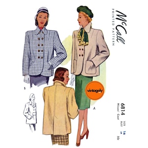 May include: Vintage McCall printed pattern for a Misses' coat, featuring illustrations of three different coat styles. The image shows a houndstooth double-breasted jacket, a beige coat with a green skirt, and a tan coat. The pattern size is 16, with a bust size of 34.