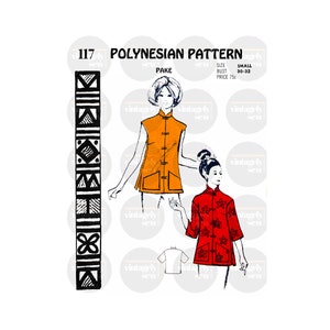 May include: A vintage sewing pattern with a Polynesian design. The illustration shows two women wearing different styles of the garment. The pattern includes the text "117 POLYNESIAN PATTERN" and "PAKE". The size is small, bust 76-81cm.