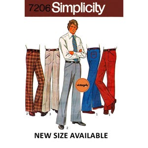 70s Men's Wide Leg Trousers with Shaped Pockets, Waist 32 (81 cm) or 34 (87 cm), Simplicity 7206 Vintage Sewing Pattern Reproduction