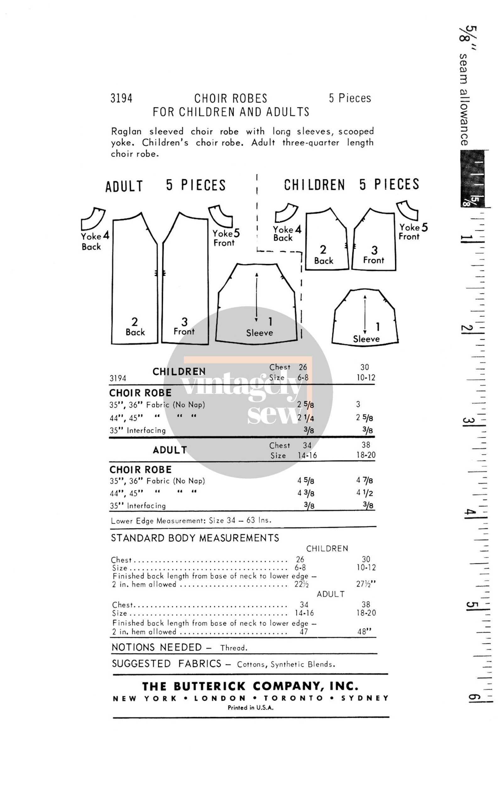 50s Unisex Adult or Child Choir Robes, Various Sizes, Butterick 3194 ...