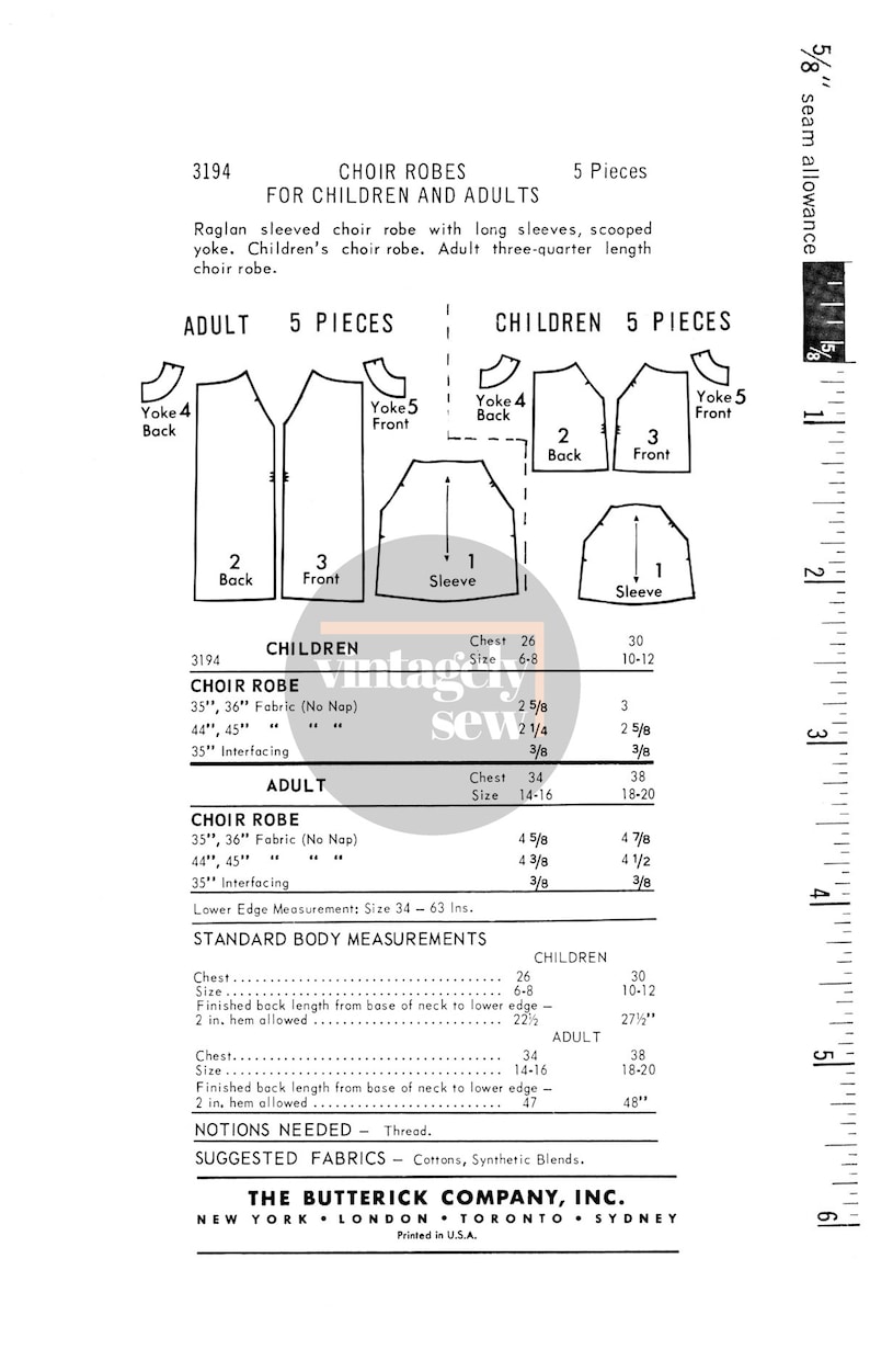 50s Unisex Adult or Child Choir Robes, Various Sizes, Butterick 3194 ...