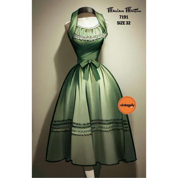 Jaren 50 halter, pin-up, rockabilly-feestjurk, borstomvang: 32 (81 cm), Marian Martin 7191, reproductie vintage naaipatroon