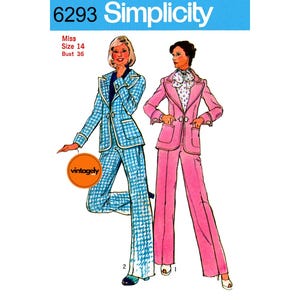 May include: Vintage Simplicity sewing pattern 6293 featuring two women's suits. One suit is blue and white houndstooth, the other is pink. The pattern details include Miss size 14 and Bust 36.