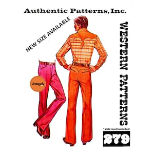 70s Men's Slightly Flared Western Pants, Various Sizes, Authentic Patterns 279, Vintage Sewing Pattern Reproduction