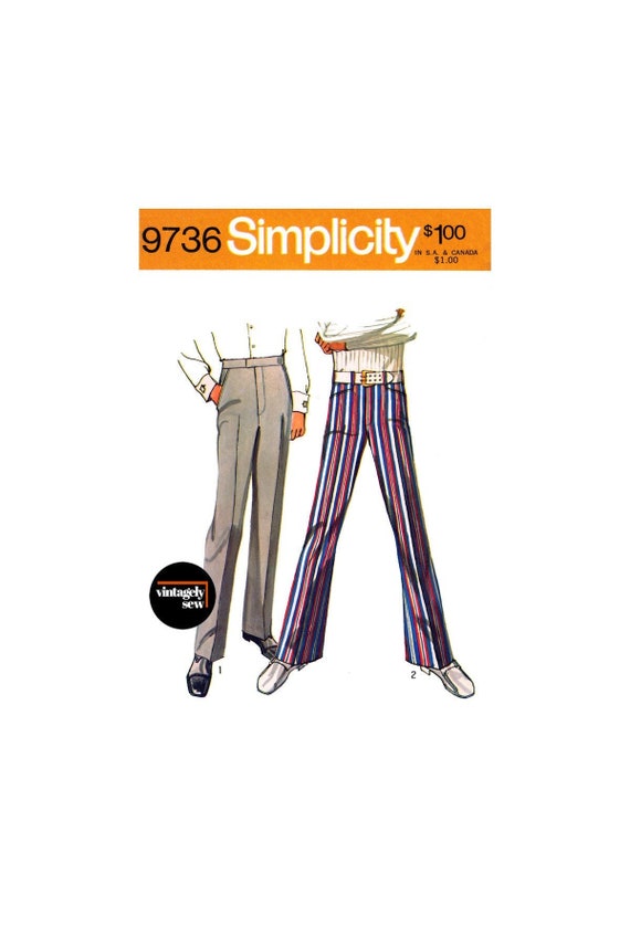 70s Men's Jean-cut Bell-bottom or Straight Leg Tailored Pants Waist 30 76  Cm or 32 80 Cm, Simplicity 9736 Sewing Pattern Reproduction 